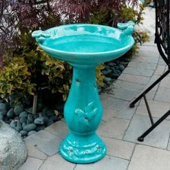Best Sale ✨ Alpine Corporation 25" Tall Ceramic Antique Pedestal Birdbath With 2 Bird Figurines, Turquoise 🌟